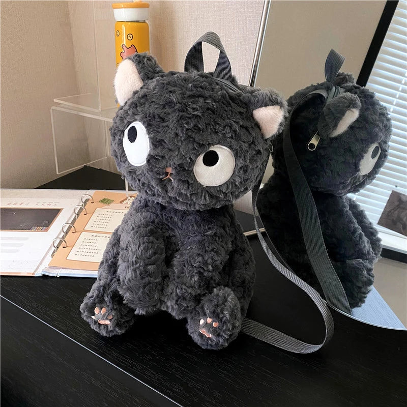 Kawaii Plush Cute Mini Gray Cat Shaped Women's Fluffy Backpack - Cartoon Aesthetic Stuffed Animal Zipper Toy, Small Female Gift