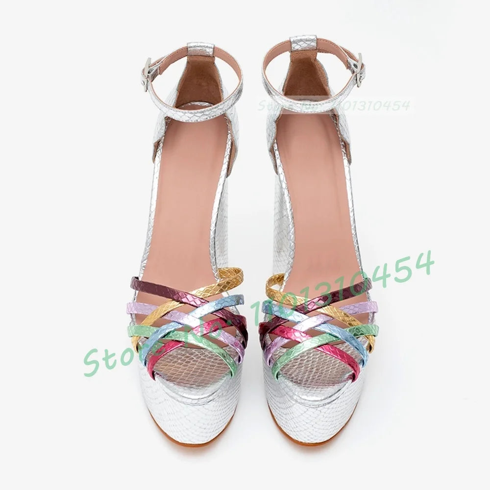 Colorful Metallic Platform Sandals – Women's Shining Rainbow Splicing, Round Tip High Block Heels, Luxury Summer Party Shoes