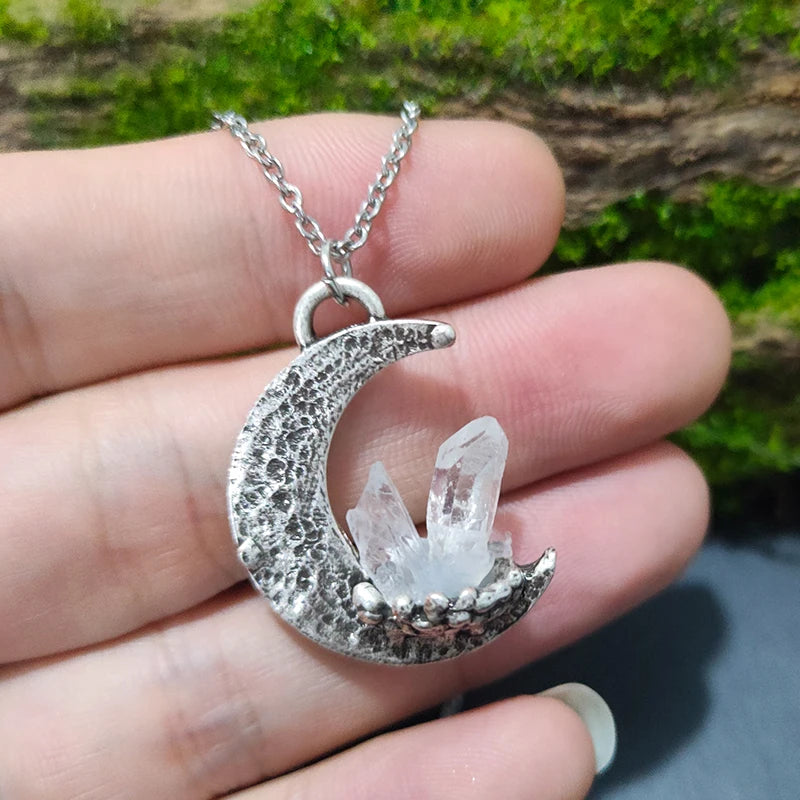 Pagan Crescent Moon Healing Crystal Quartz Pendant Necklace – Occult Witch Celestial Jewelry for Women