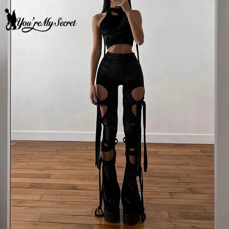 [You're My Secret] Goth Hollow Out Dark Velvet Pencil Pants Aesthetic Punk Sexy High Waist Trouser Y2K Bandage Women Bell Bottom