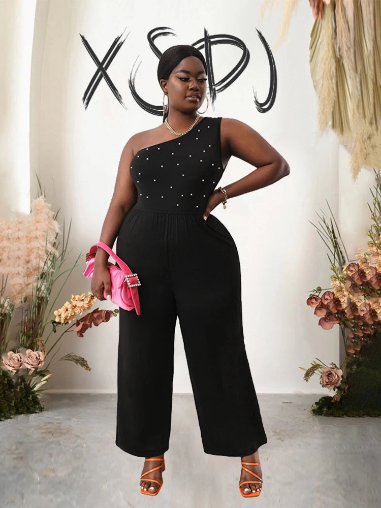 One-Shoulder Jumpsuit with Pearls – Black Sexy Plus Size Summer Outfit for Women