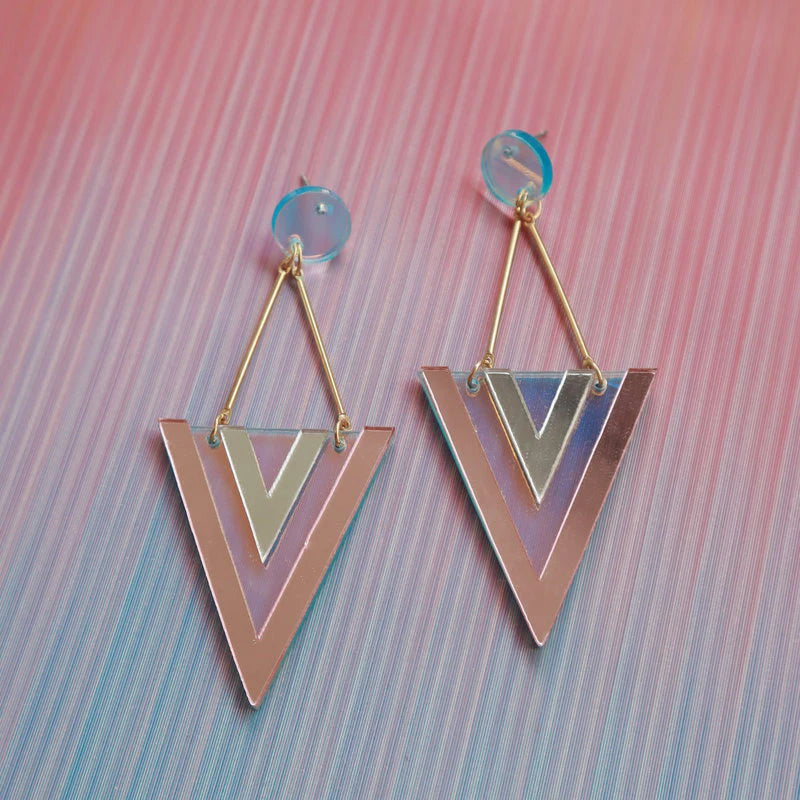 Fashion Laser Cut Geometric Acrylic Earrings - Exaggerated Reflective Inverted Triangle Long Dangle Earrings for Women