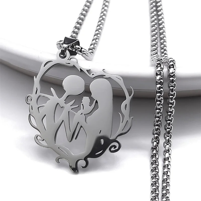 Gothic Stainless Steel Love Necklace for Couples - Silver Color Jewelry for Women and Men