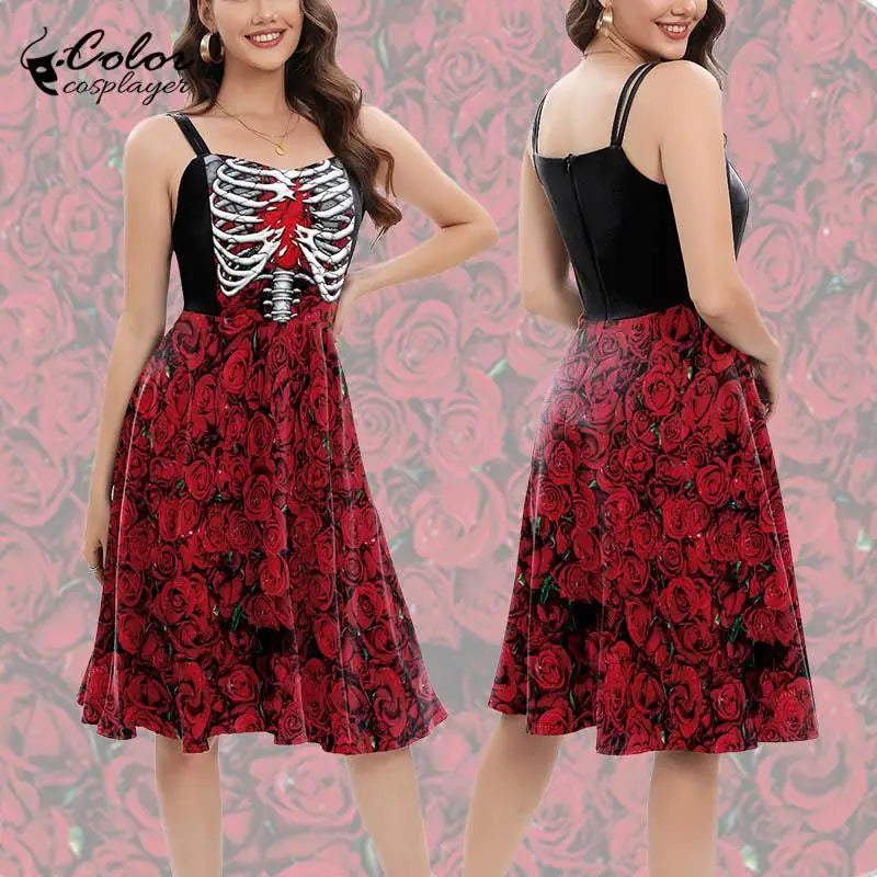 Color Cosplayer Red Rose Pattern Dress Gothic Skeleton Slip Dresses Halloween Witch Cosplay Costume Women Carnival Party Outfit