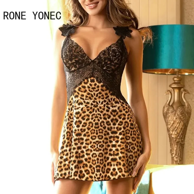 Women Sexy Leopard Pattern Spaghetti Strap Lace Patchwork Backless Mini Dress