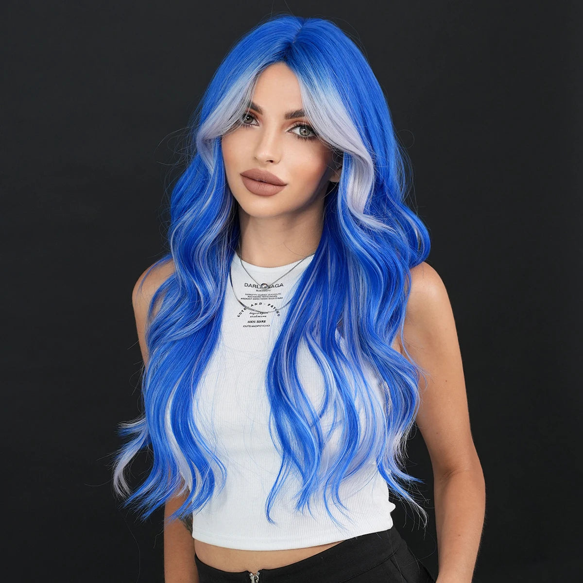 PARK YUN Long Loose Curly Blue Highlight Ash Wigs Middle Part Heat Resistant Synthetic Hair Wigs with Curtain Bangs