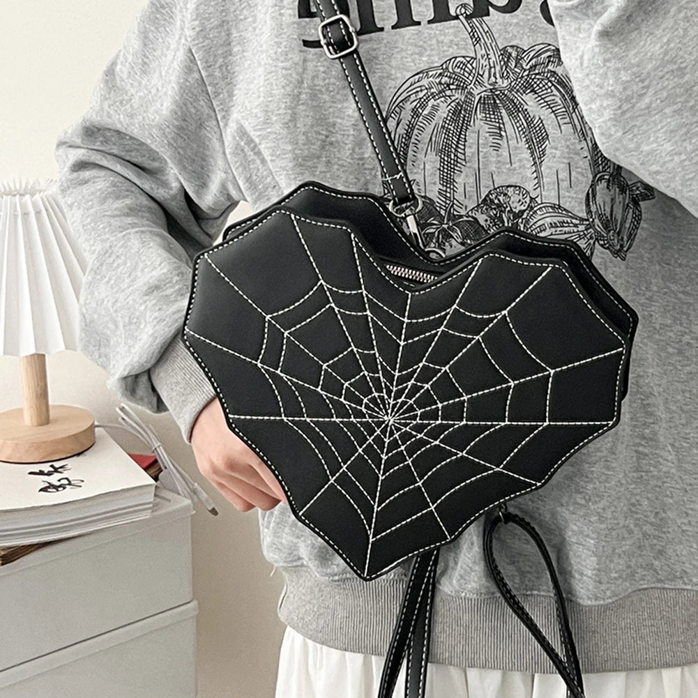 Gothic Style Shoulder Bag for Women – Halloween PU Leather Backpack, Cobweb Crossbody Handbag, Purse for Women