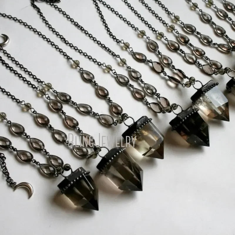 10pcs Crystal Point Halloween Necklace – Women's Smoky Quartz Pendulum Talisman Obelisk Wiccan Jewelry