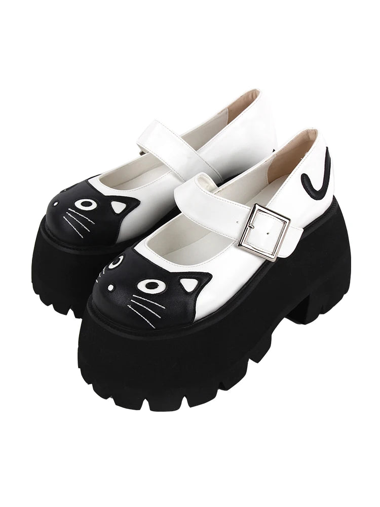 2024 New Lolita Punk Rock Black Cat Head Mary Jane Platform Shoes - Thick Sole, for Girls and Women