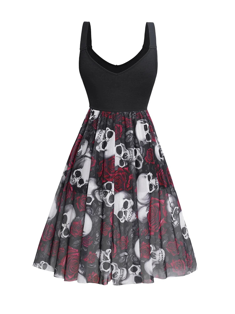 Women’s Summer Dresses Skull Rose Print Grommet Buckle Design Tank Dress | Double V Neck Sleeveless Gothic Dress | 2024 New