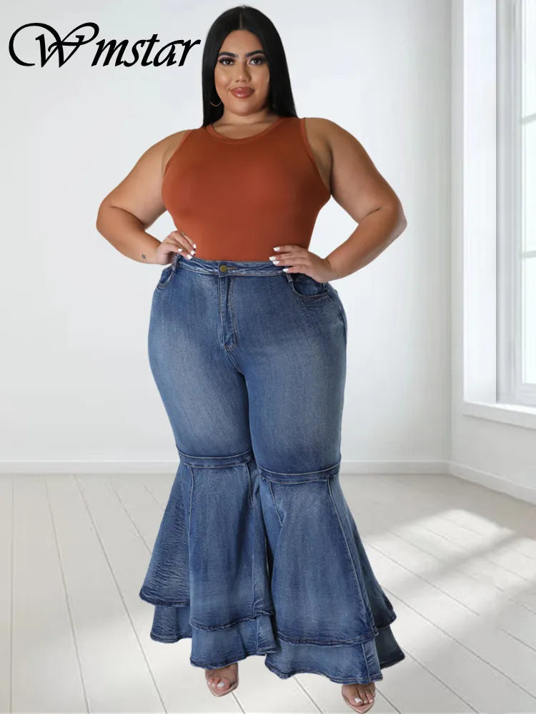 Plus Size High Waist Flare Jeans – Casual Ruffled Hem Denim Pants for Women, Fashion Streetwear