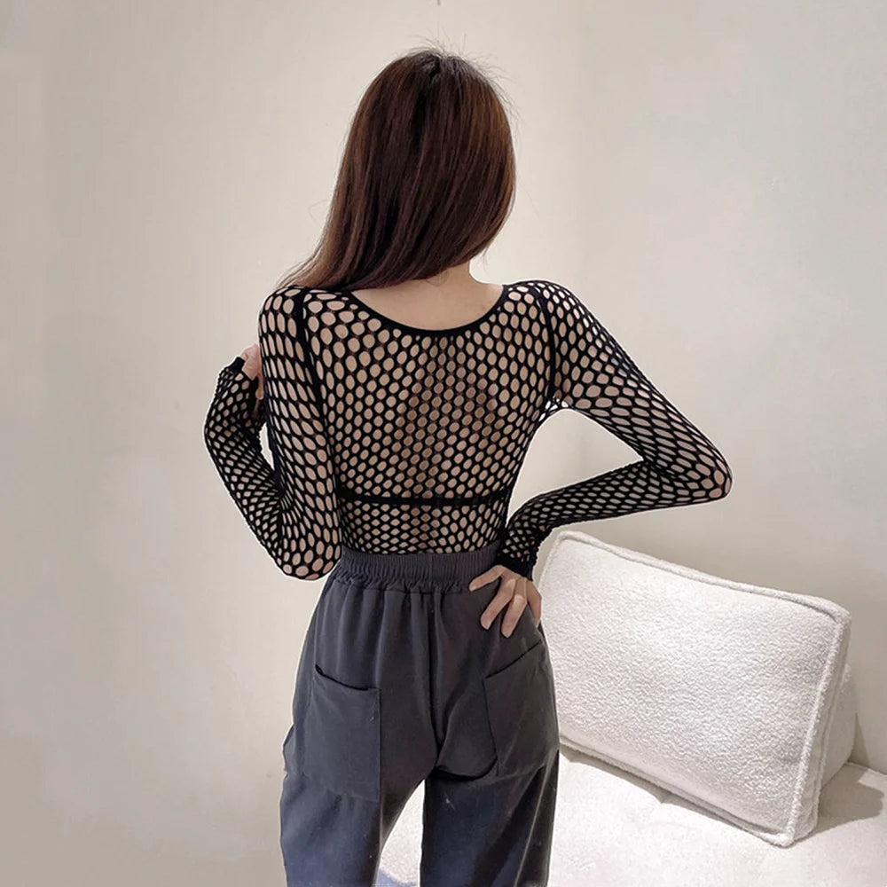 Sexy Gothic Black Fishnet Mesh See-Through T-Shirt - Women's Skinny Goth Hollow Out Long Sleeve Crop Top Tee Shirt for Streetwear