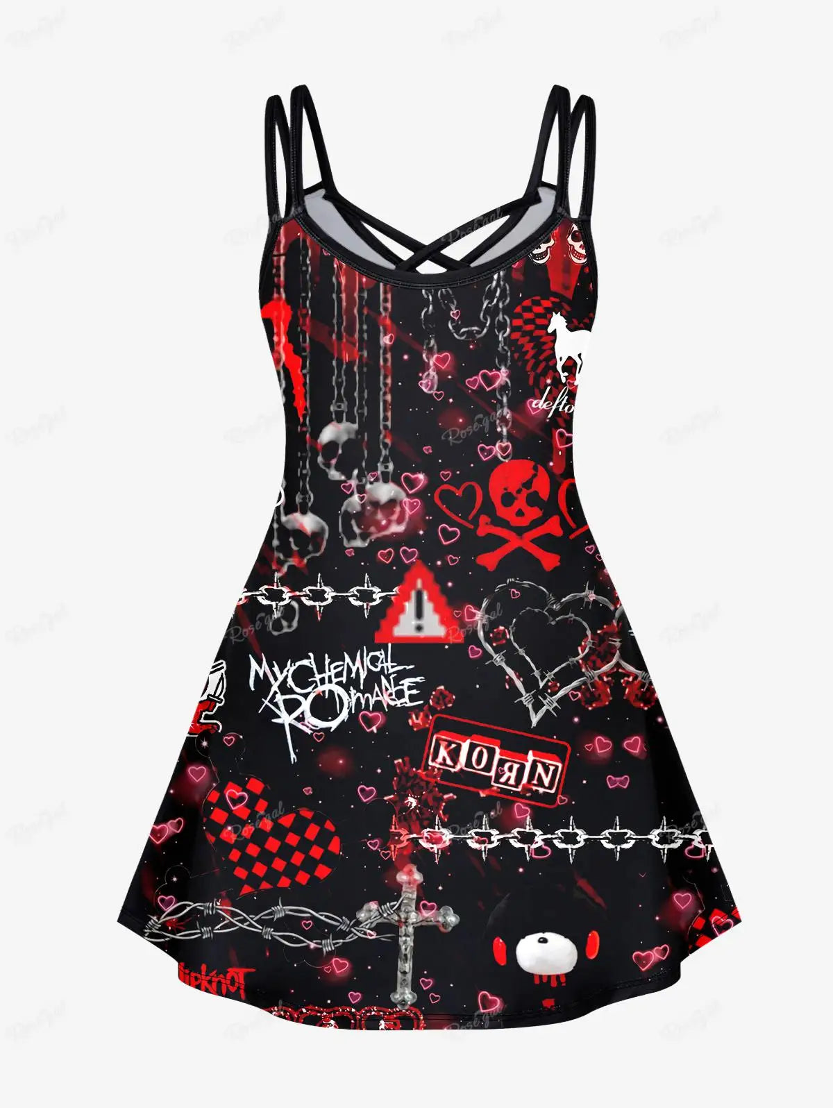 Gothic Printed Crisscross Cami Dress | Colorful Galaxy Glitter with Bat, Skull, Plaid Heart, Bear Warning Print Dresses