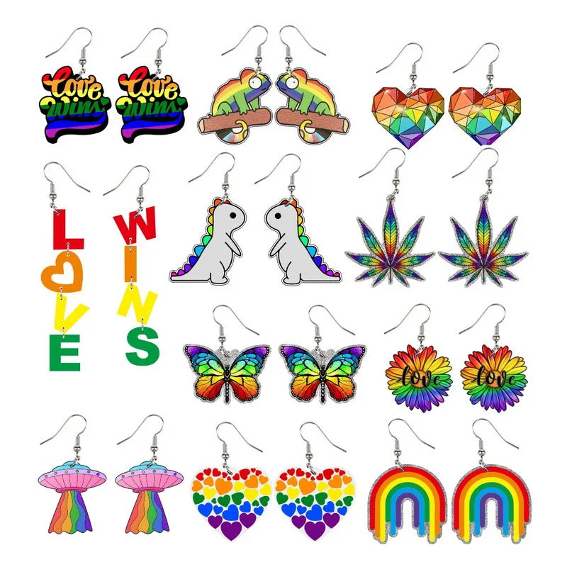 2024 New Arrivals LGBT Pride Rainbow Colored Acrylic Earrings - Fashionable Creative Love Drop-Shaped Earrings