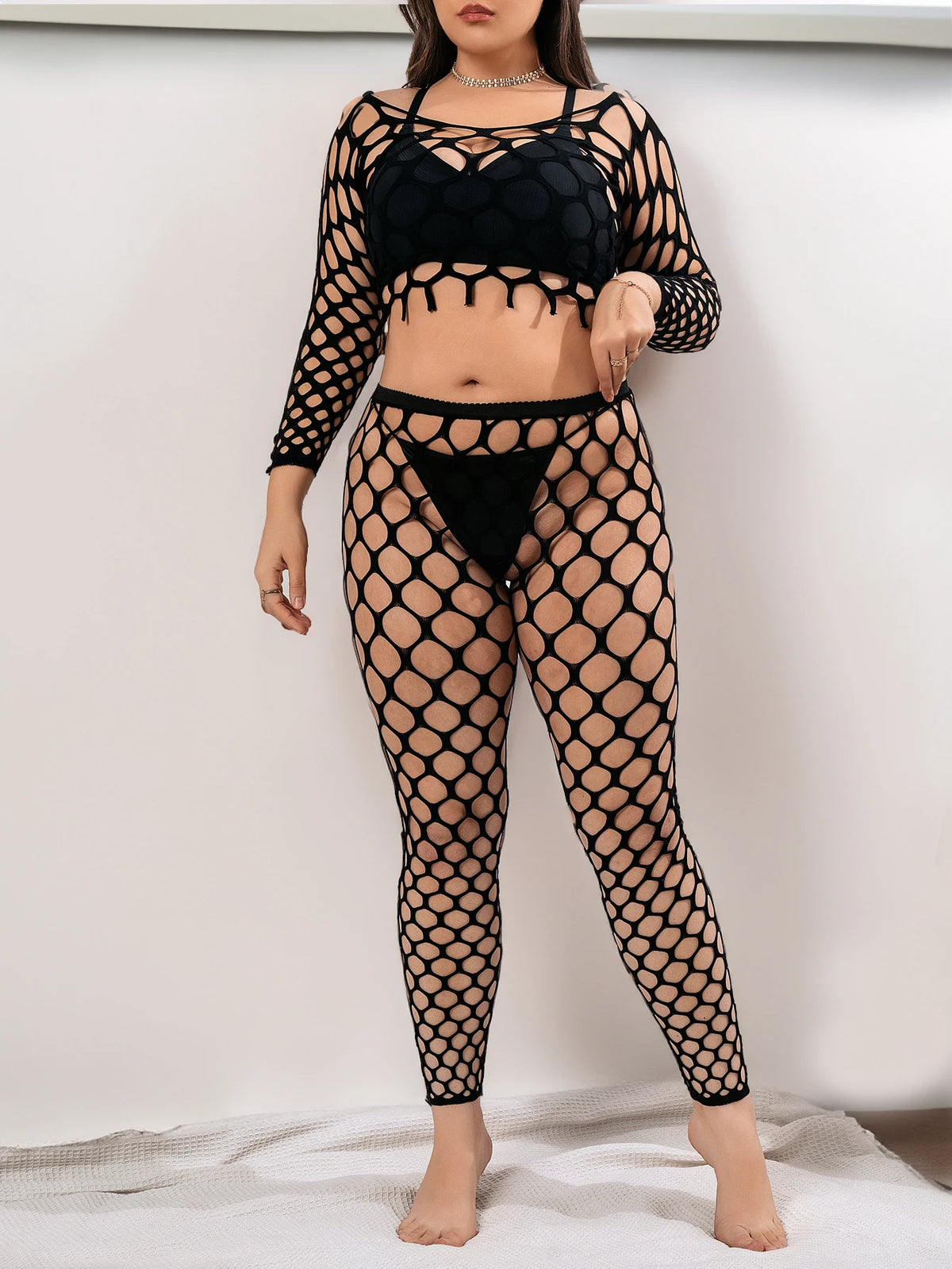 Plus Size Sexy Fishnet Pantyhose Stretchy Fit Black Jumpsuit Long Sleeves Bodysuits