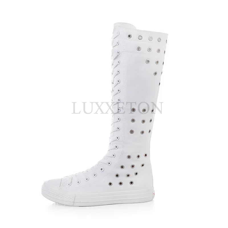 Women’s Canvas Casual High Top Sneakers - Lace-Up Zipper Comfortable Flat Boots