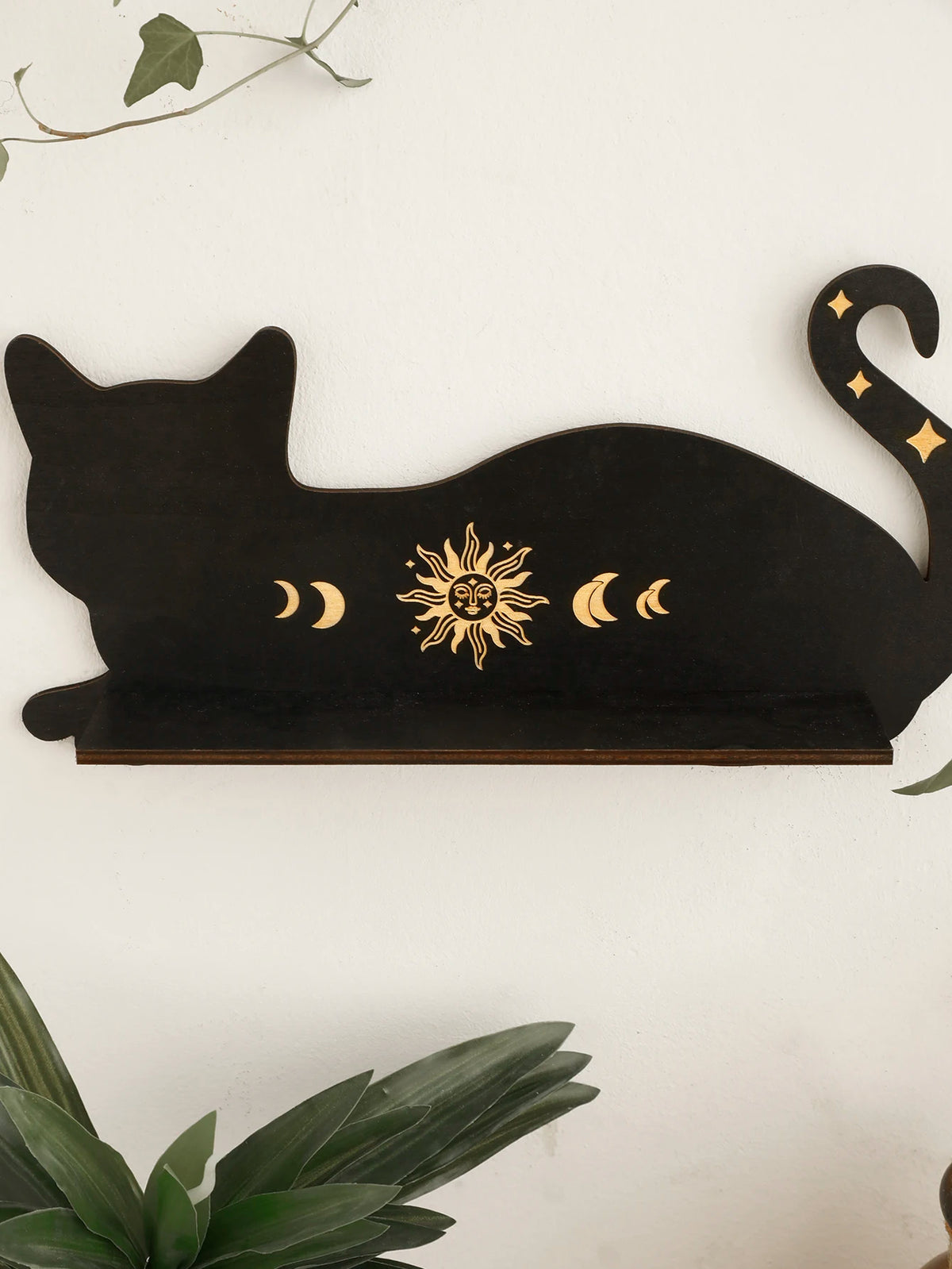 Black Cat Wooden Shelf - Moon Phase Chakra Crystal Display Stand, Gothic Witch Home Decor for Bedroom