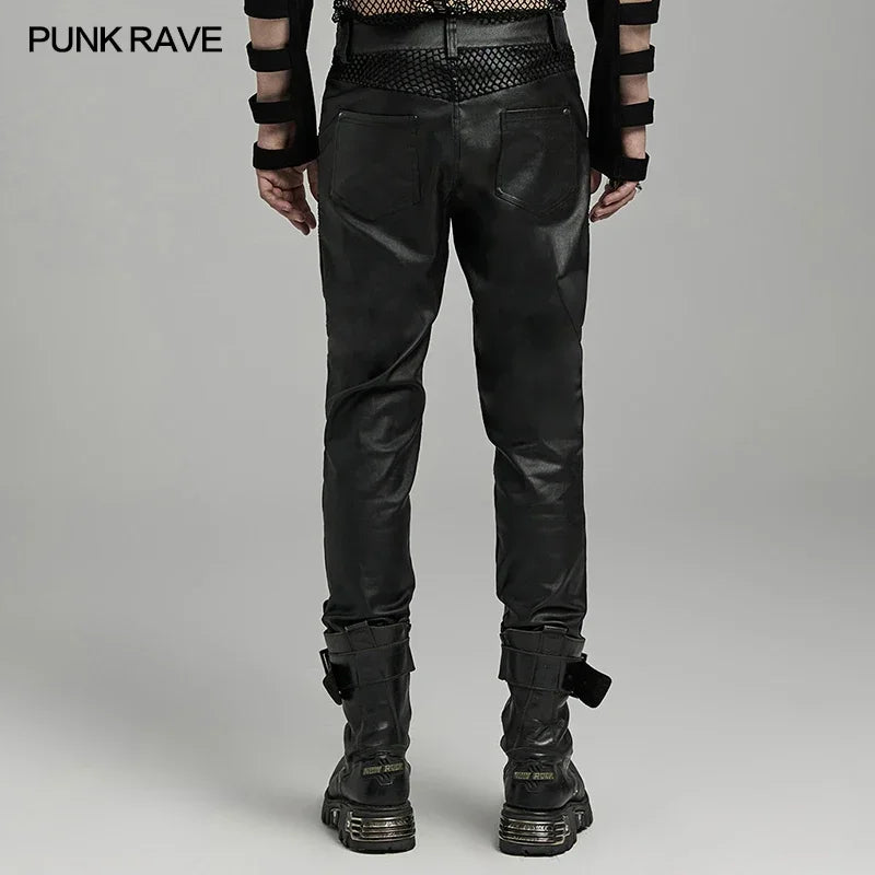 PUNK RAVE Men's Punk Style Handsome Twill Woven Fabric & Mesh Pants Personalized Small Leg Trousers Streetwear Men Clothing