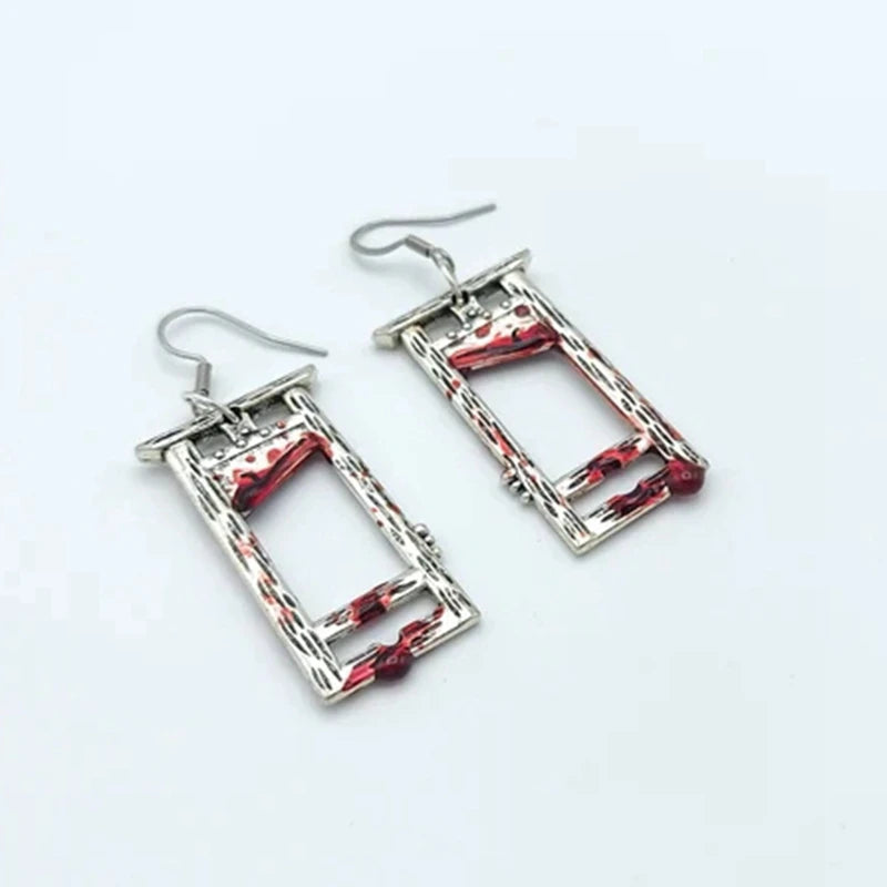 Bloody Guillotine Earrings - Gothic Weapon Jewelry, Spooky Halloween Accessories