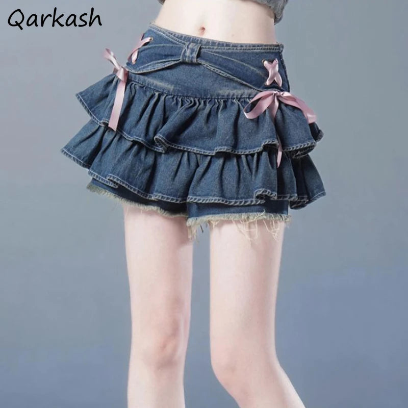 Mini Denim Skirt for Women - Hot Girls Sweet Kawaii Bow, Vintage Y2K American Streetwear, Sexy Summer A-line Style