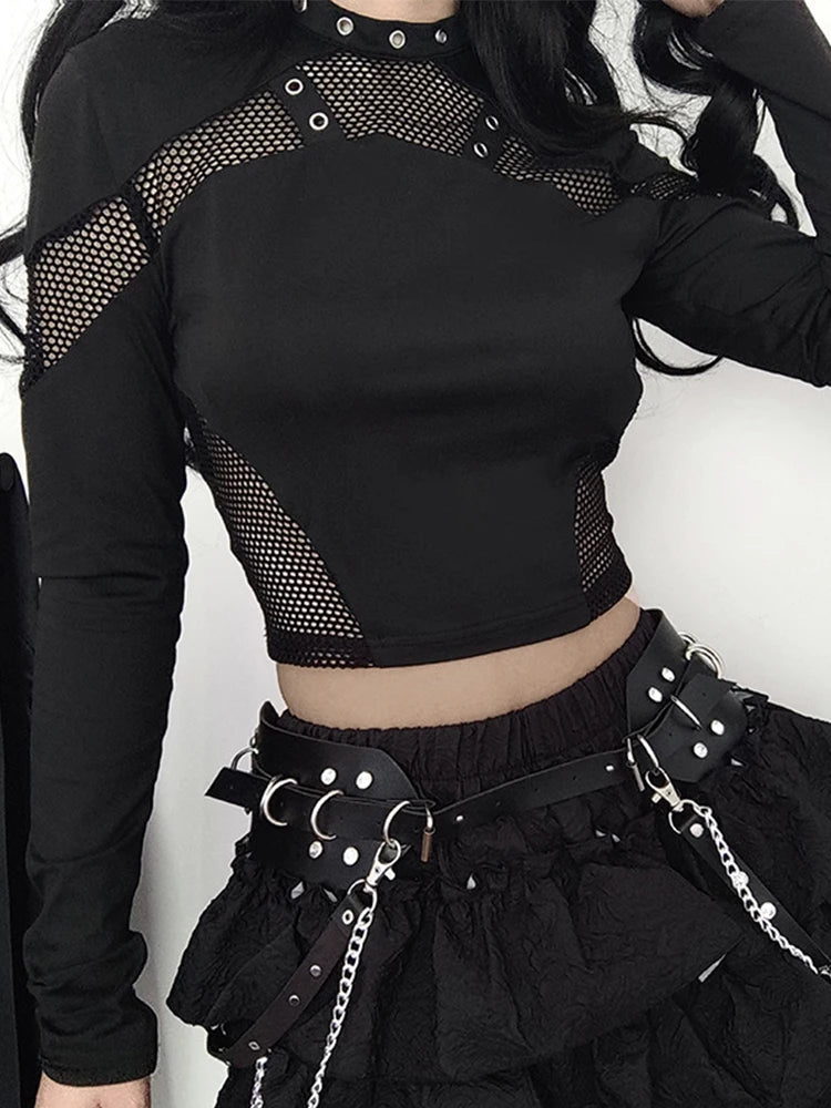 AltGoth Dark Punk Cyber T-Shirt - Gothic Streetwear with Mesh Patchwork, Long Sleeve O-Neck Crop Top, Harajuku Style Sexy Women's Clothing