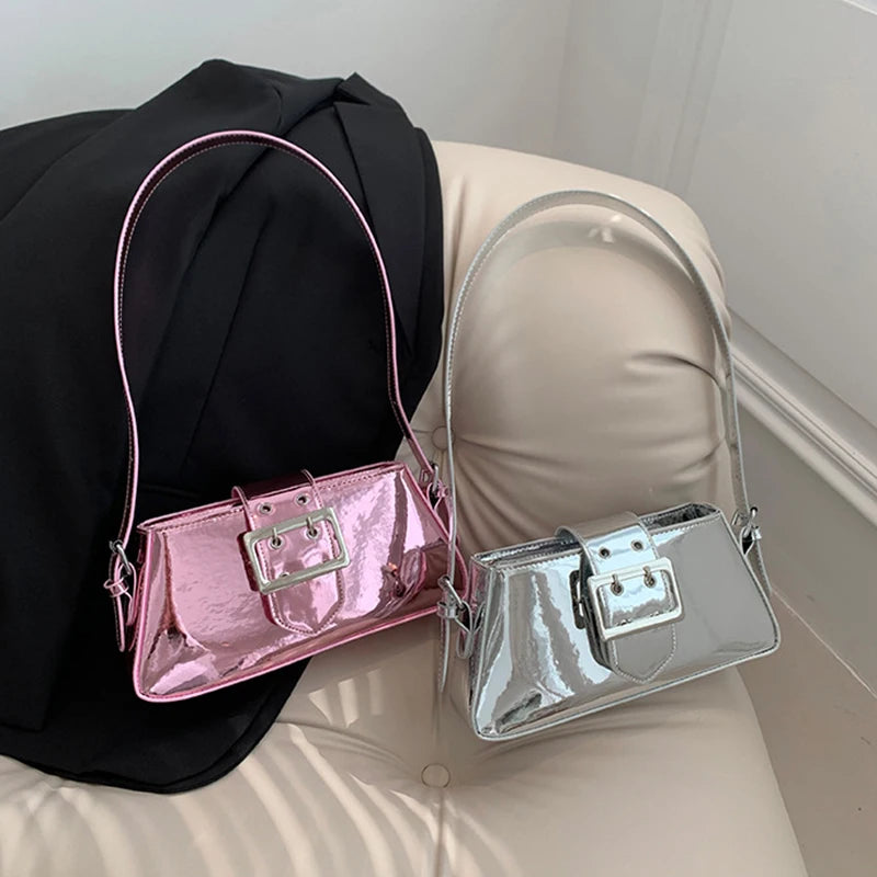 Silver Shoulder Bags for Women 2023 Spring Y2K Small Purse Glossy PU Leather Luxury Brand Female Underarm Handbags Pink