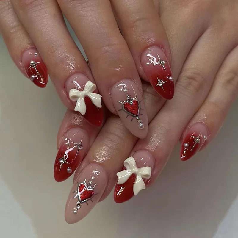 24 PCs Valentine's Day Long Almond Shape Novelty Pearl Bow Love Nail with 1 File and Jelly Glue