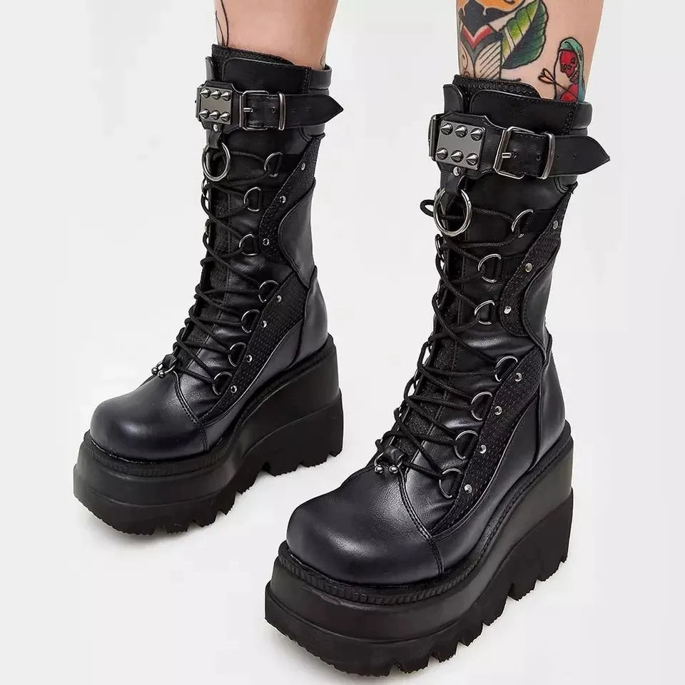 Brand Design Ladies High Platform Boots Big Size Rivet Goth High Heels Boots Women Cosplay Wedges Punk Shoes Woman Gothic Shoes