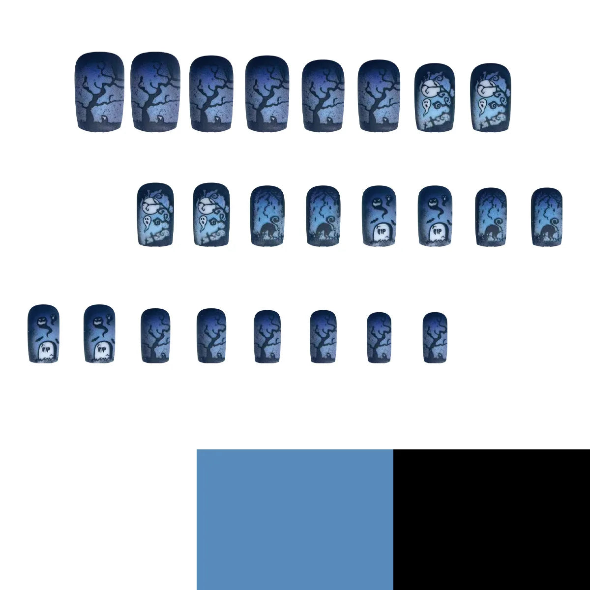 24pcs Halloween Painting Matte Press on Nails Blue Black Color False Nail Tips Wearable Full Cover Mid-length Coffin Fake Nails