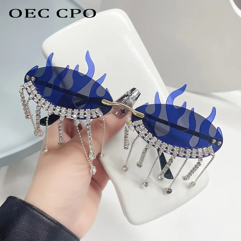 Fire Flame Sunglasses – Women’s Luxury Rhinestone Fashion Rimless Eyewear, Wave Shades, Shiny UV400 Sunglasses