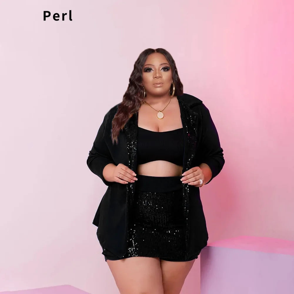 Perl Sequin Three-Piece Set – Sling Crop Top + Culottes + Long Jacket for Women Plus Size Autumn Outfits, OL Office Female Clothing