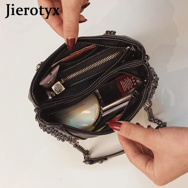 JIEROTYX Studded Shoulder Bag for Women Leather Punk Style Rock Rivet Crossbody Bag Handbag with Chain Wallet Purse for Girls