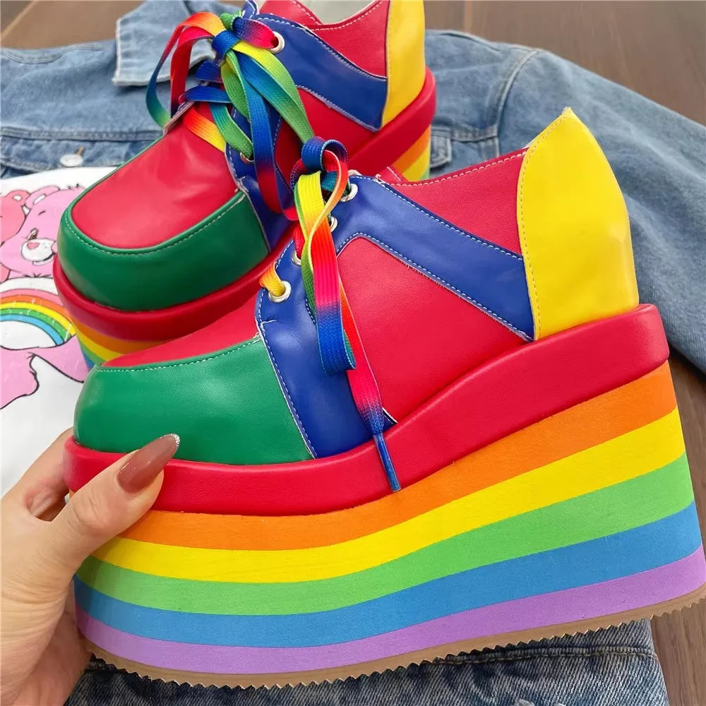 Woman rainbow shoes lady high heels pumps women princess dress party shoes plus size 33-45 customized shoes thick wedges heels