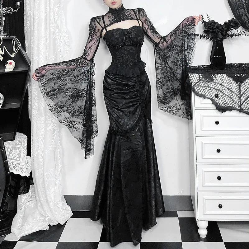 Goth Dark Elegant Fashion Party Gown - High Waist Lace-Stitched Mermaid Skirt, Sexy Pleated Bodycon for Women