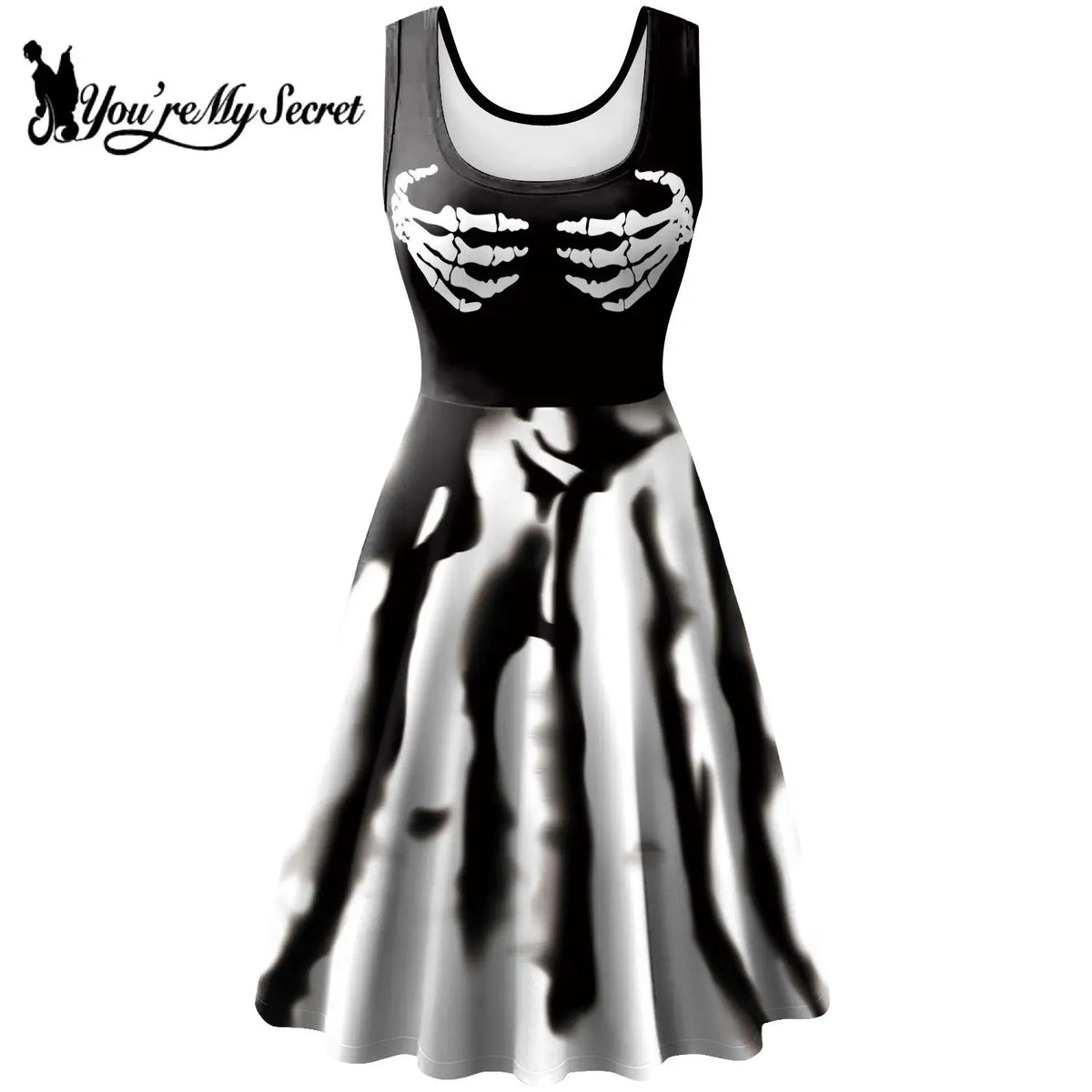 [You're My Secret] Dress Women Sexy Sleeveless Witch Party Ghastly 3D Skeleton Anime Clothes Summer Vintage Dress Halloween Rave