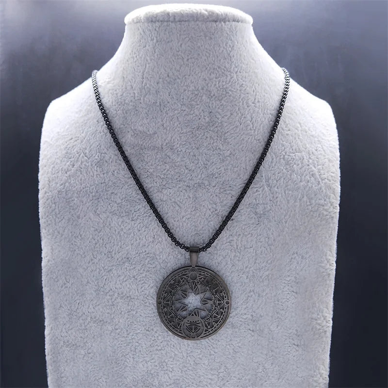 Goth Japan Anime Sakura Magic Circle Necklace - Card Captor Pentacle Hexagram Sacred Geometry Stainless Steel Jewelry (N42)