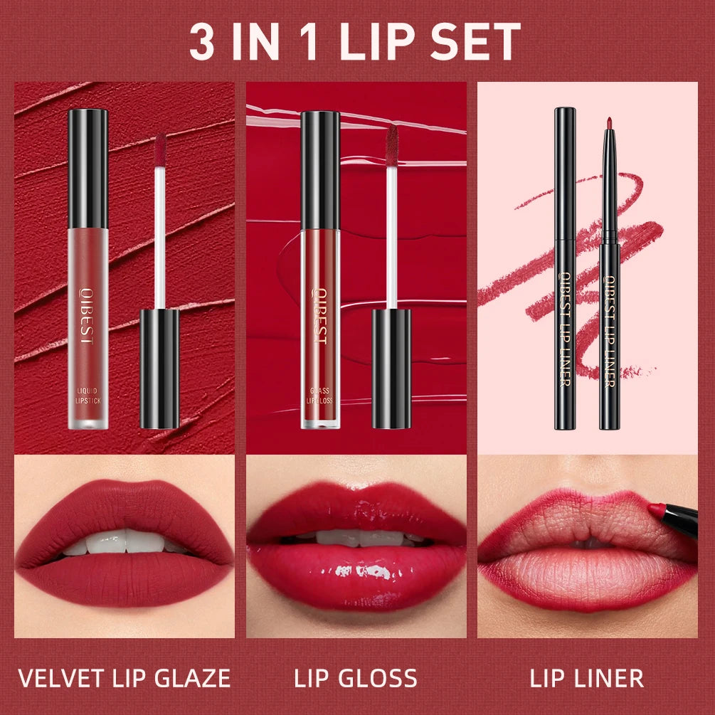 3-Piece Lip Makeup Set – Long-Lasting Matte Liquid Lipstick, Glossy Lip Glaze, Waterproof Lip Liner – Lip Contour Kit