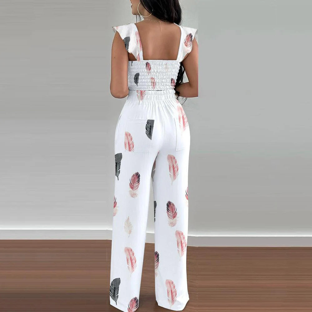 Women’s Casual Sleeveless Top and Long Pants Set - Print Ruffles Lace-Up Loose Wide Leg Pants Suit for Summer