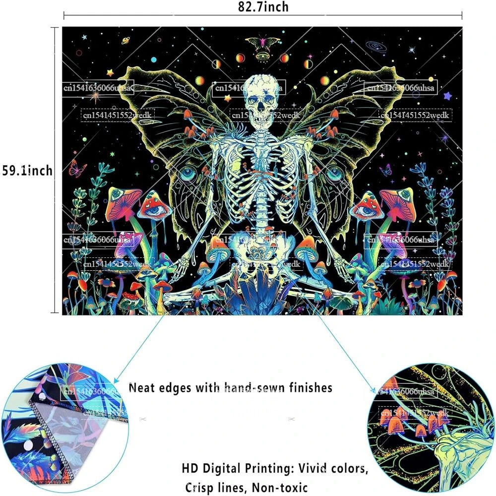 Blacklight Skull Tapestry - Aesthetic UV Reactive Butterfly and Mushroom Neon Skeleton Moth Posters