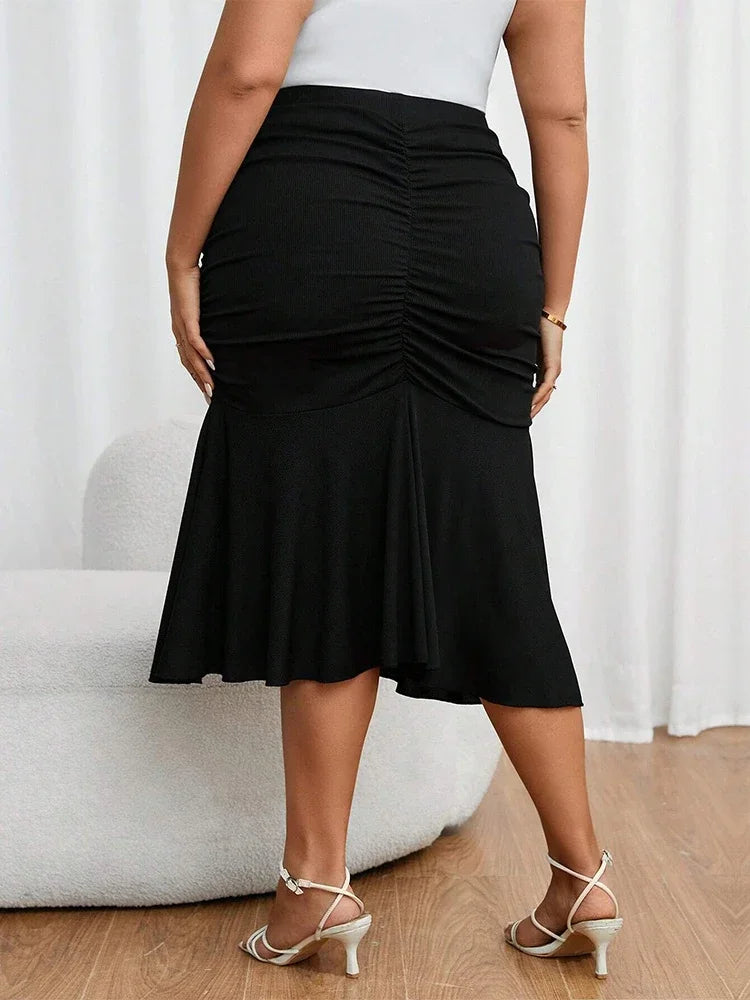 Black Plus Size Skirts for Women Medium Strecth Shirring Package Hip Fishtail Midi Simple Female Slim Casual Club Party Outfits