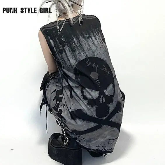 Gothic Punk Rock Skull Dress | Y2K Emo Fairy Grunge Mini Dress | Dark Academia Aesthetic Long Shirt for Halloween