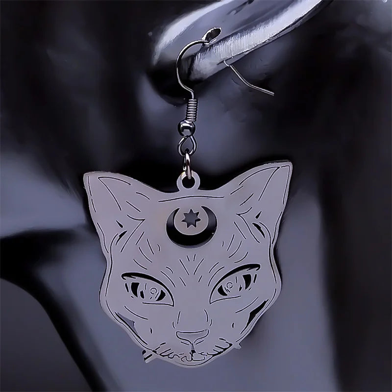 Wicca Goth Witch Cat Dangle Earrings – Stainless Steel Drop Earrings for Women, Witchcraft Kitten Gothic Jewelry