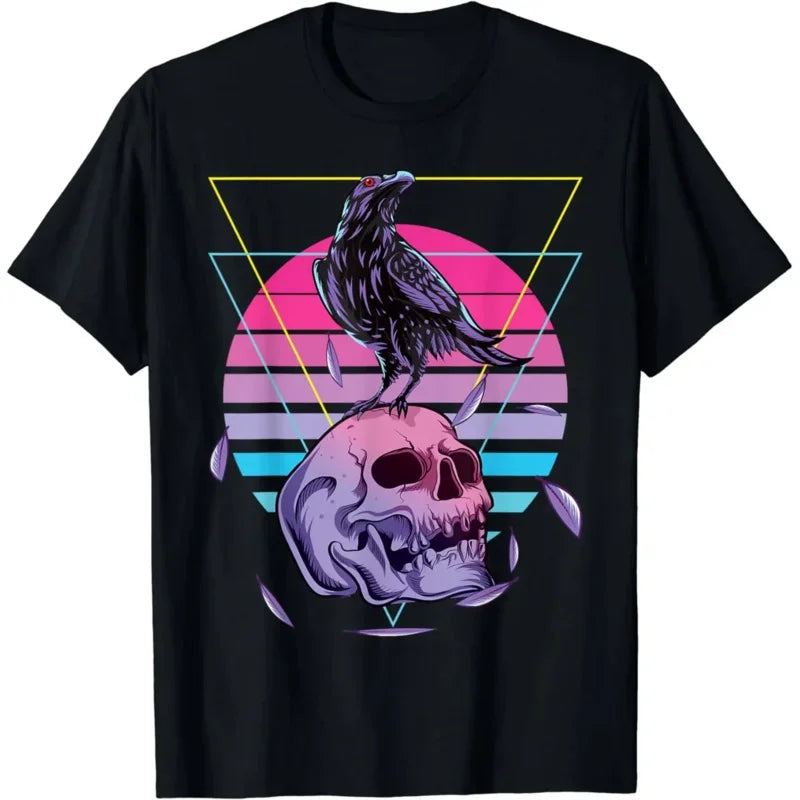 Vaporwave Skull and Crow Retro Aesthetic Pastel Goth Art T-Shirt | Vintage Men’s Plus Size Top