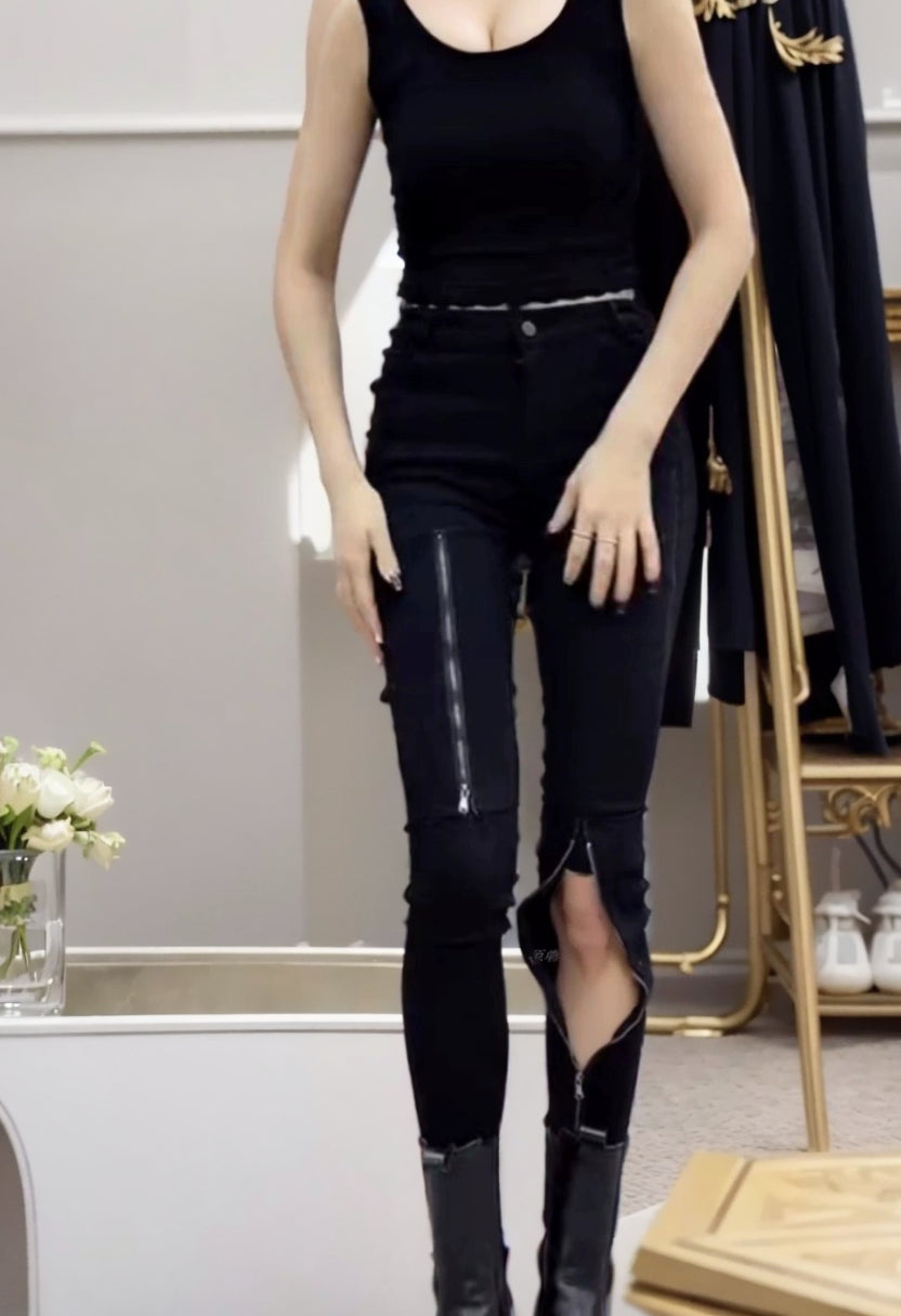 Black Double Zipper Cool High Waist Skinny Jeans Jeans