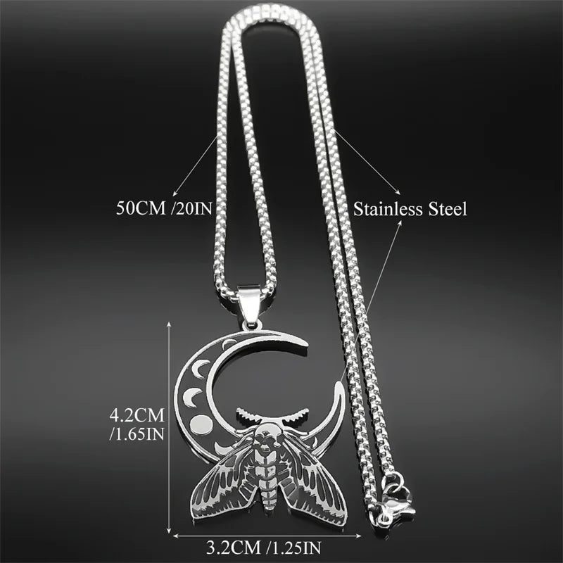 Witch Luna Moth Skull Crescent Necklace for Women Men Stainless Steel Gothic Insect Moon Phase Chain Jewelry colar N9624S02