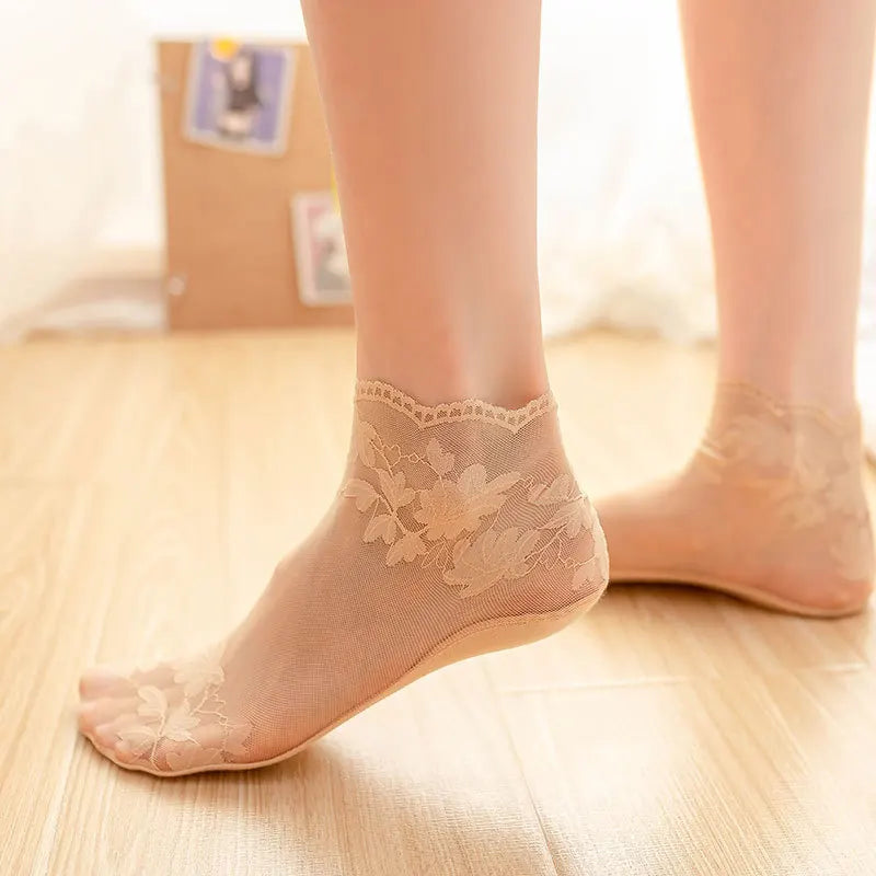 5 Pairs Summer Breathable Women Socks, Elastic Thin Leaves Design, Transparent Lace Invisible Lolita Boat Socks