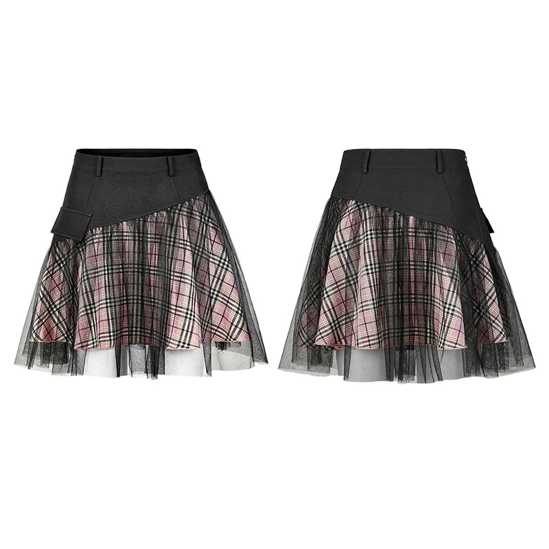 PUNK RAVE Women's Mesh Panel Plaid High-Waist Short Skirt - College Style A-Line Mini Skirt for Spring/Summer