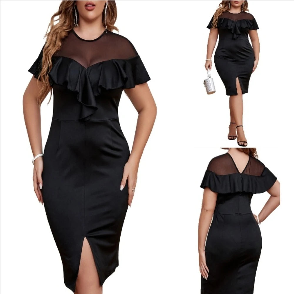 2024 Sexy Mesh Raglan Sleeve Bodycon Midi Dress - Women’s Plus Size Spring Summer Casual Party Club Gown