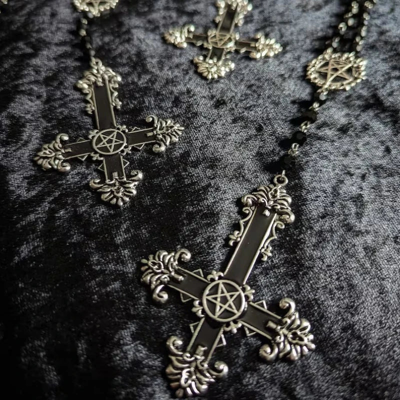 Stunning Pentagram Cross necklace Black Crystal Gothic Statement Rosary Style Grunge Necklaces Men Women Jewelrye y2k