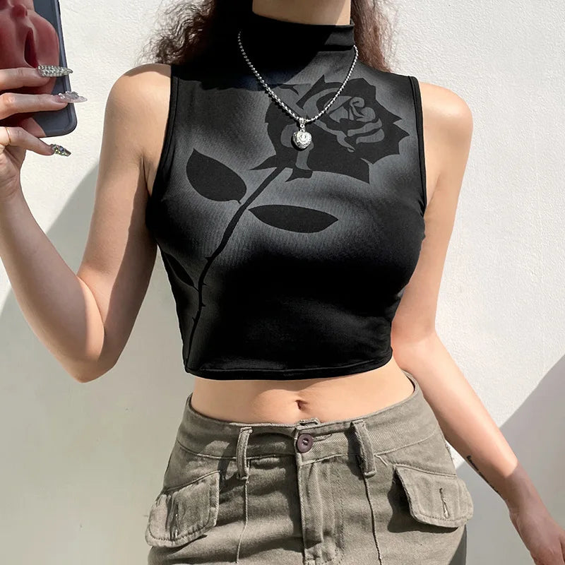 Yangelo Tank Tops Women Rose Print Special Designer Y2K Comfortable Students Leisure Korean Style Streetwear Summer Simple Chic